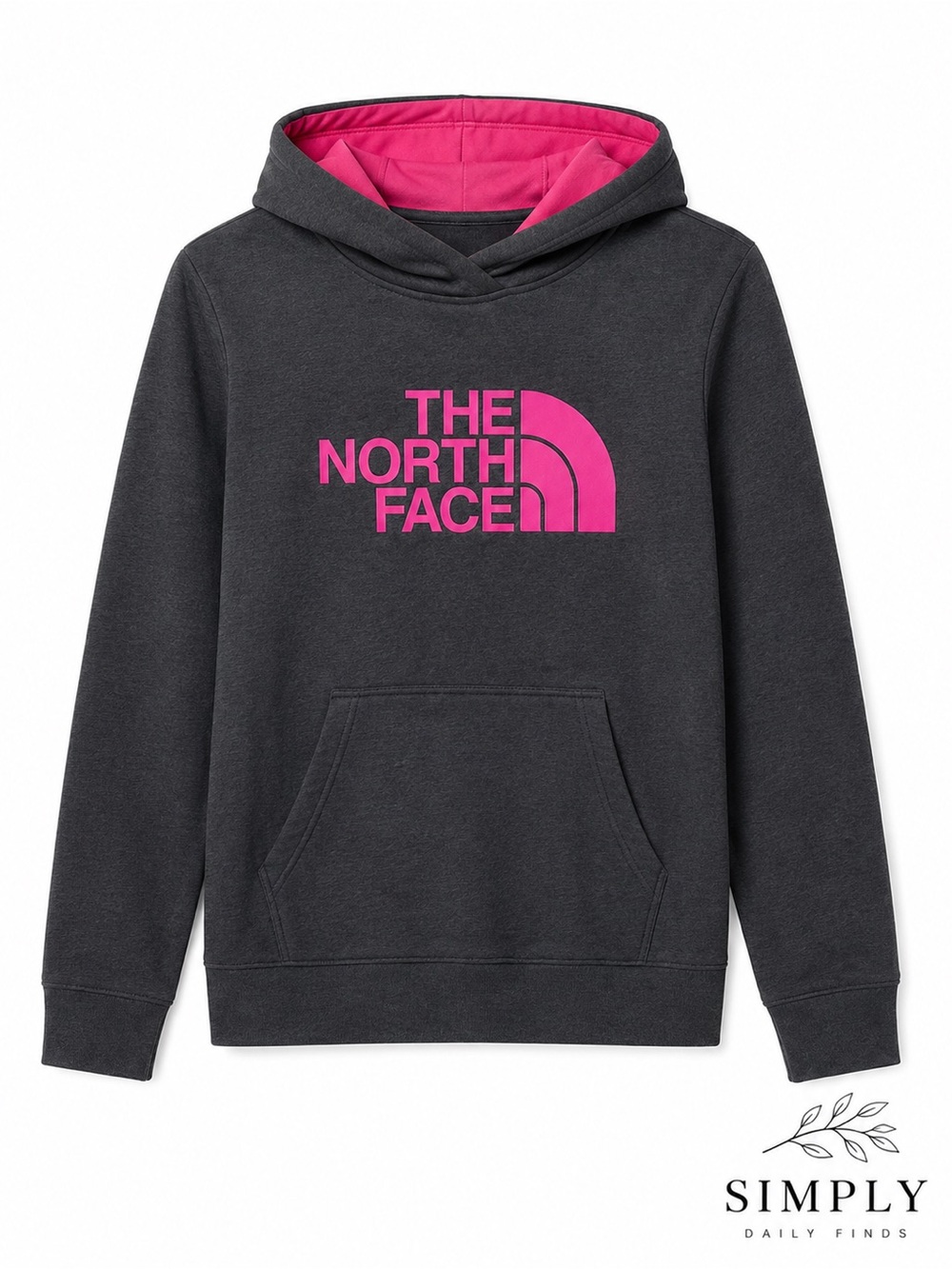 The North Face Women’s Medium Hoodie Dark Gray Hot Pink Logo Pullover Fleece